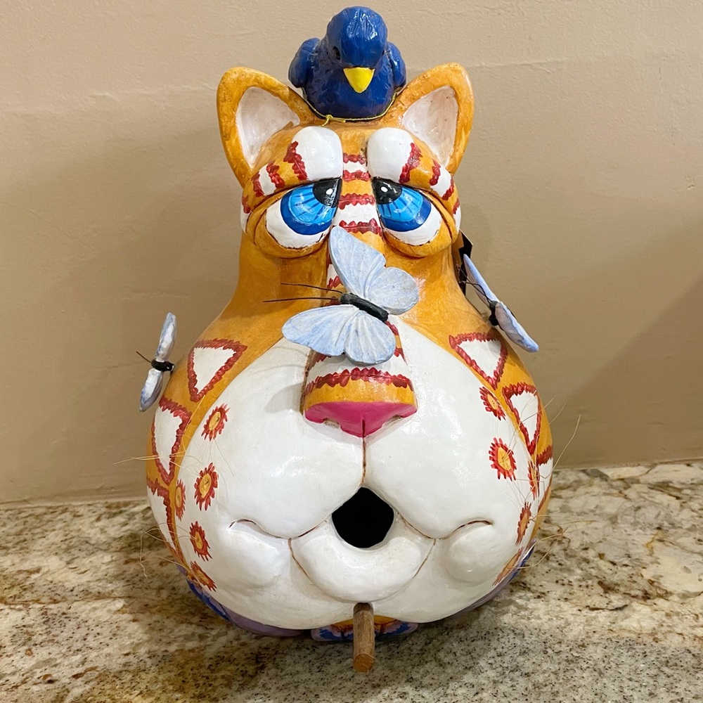Whimsical Cat Bird Feeder House Vintage Large Signed Vicki Thomas New